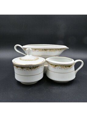 Signature Collection Queen Anne China Sugar Bowl Creamer Gravy Boat 3 Pc Set VTG